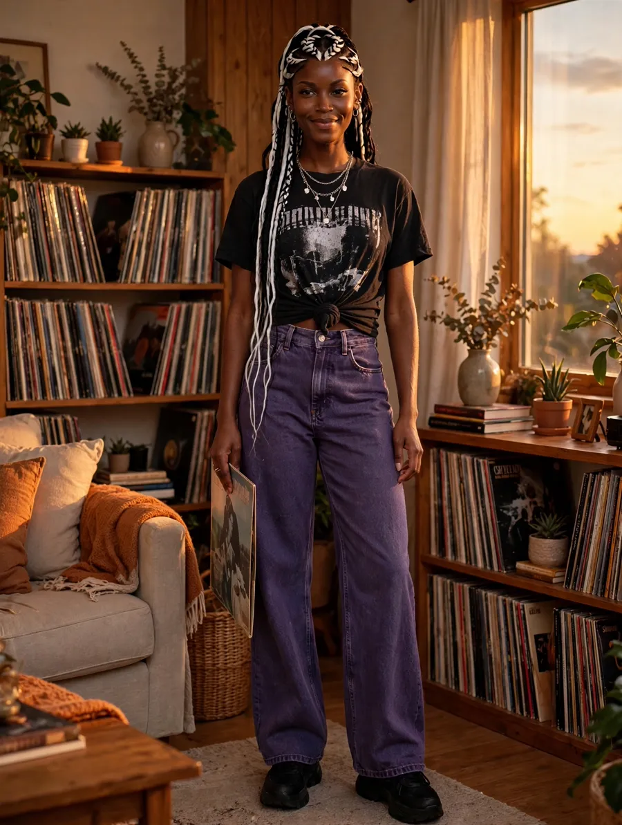 Jinx in a vintage band tee and purple jeans, holding a vinyl sleeve by the record shelves